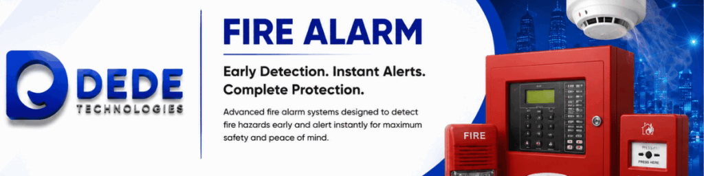 Fire Alarm System in Chennai with smoke detectors, heat detectors, control panel and emergency alarm solutions by DEDE Technologies